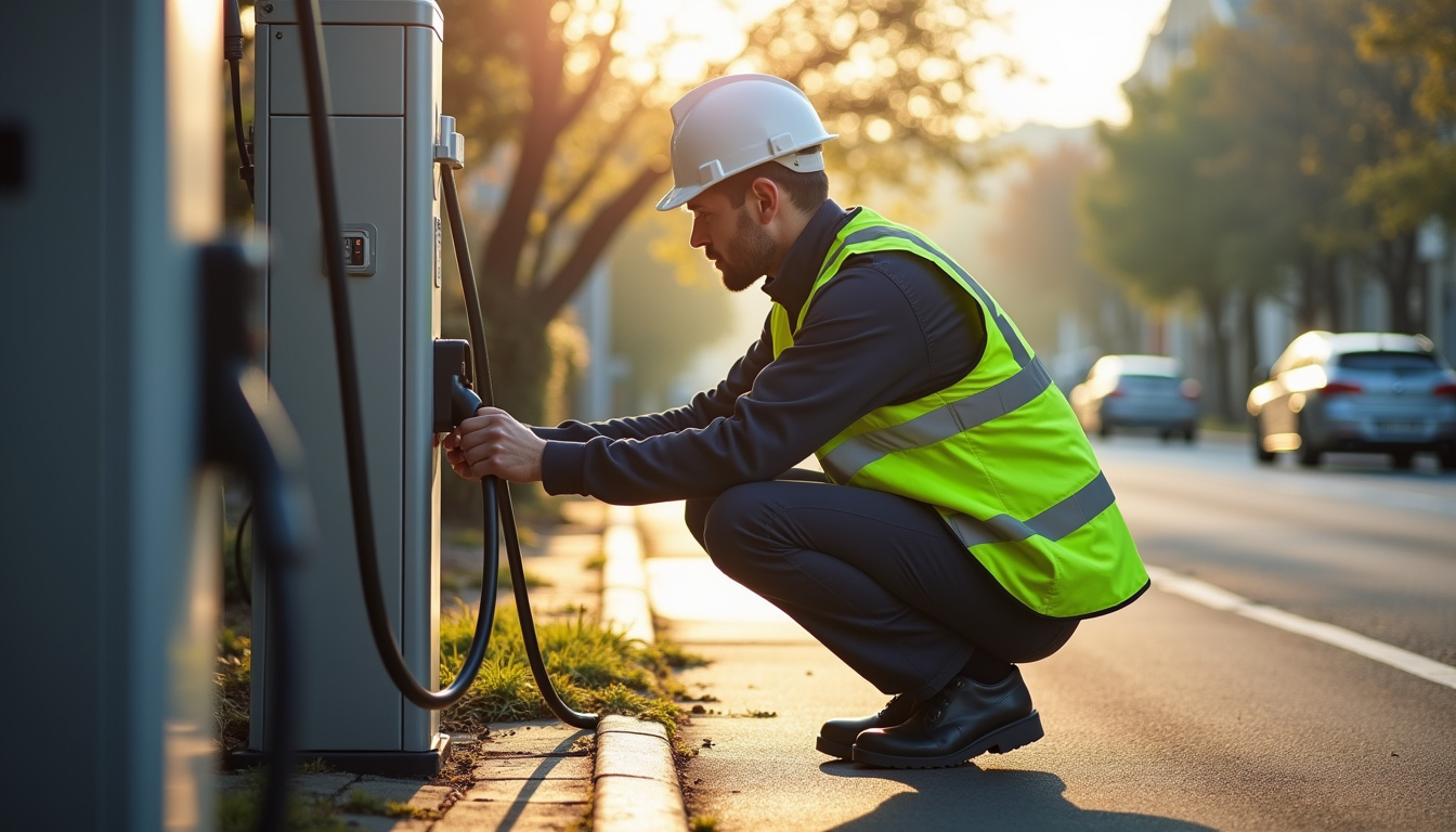 Technicien en train de vérifier une borne de recharge électrique à Drancy