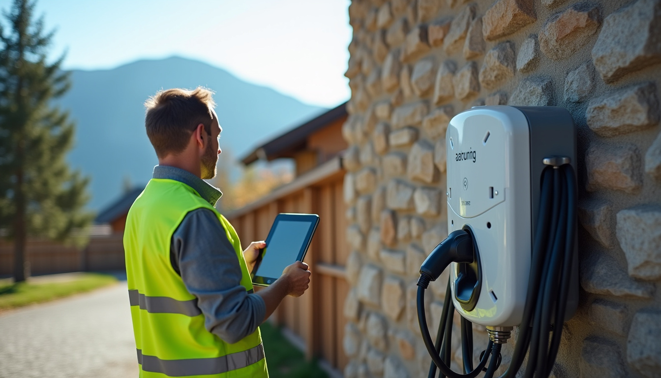 Technicien en train de vérifier une borne de recharge électrique à Drumettaz-Clarafond