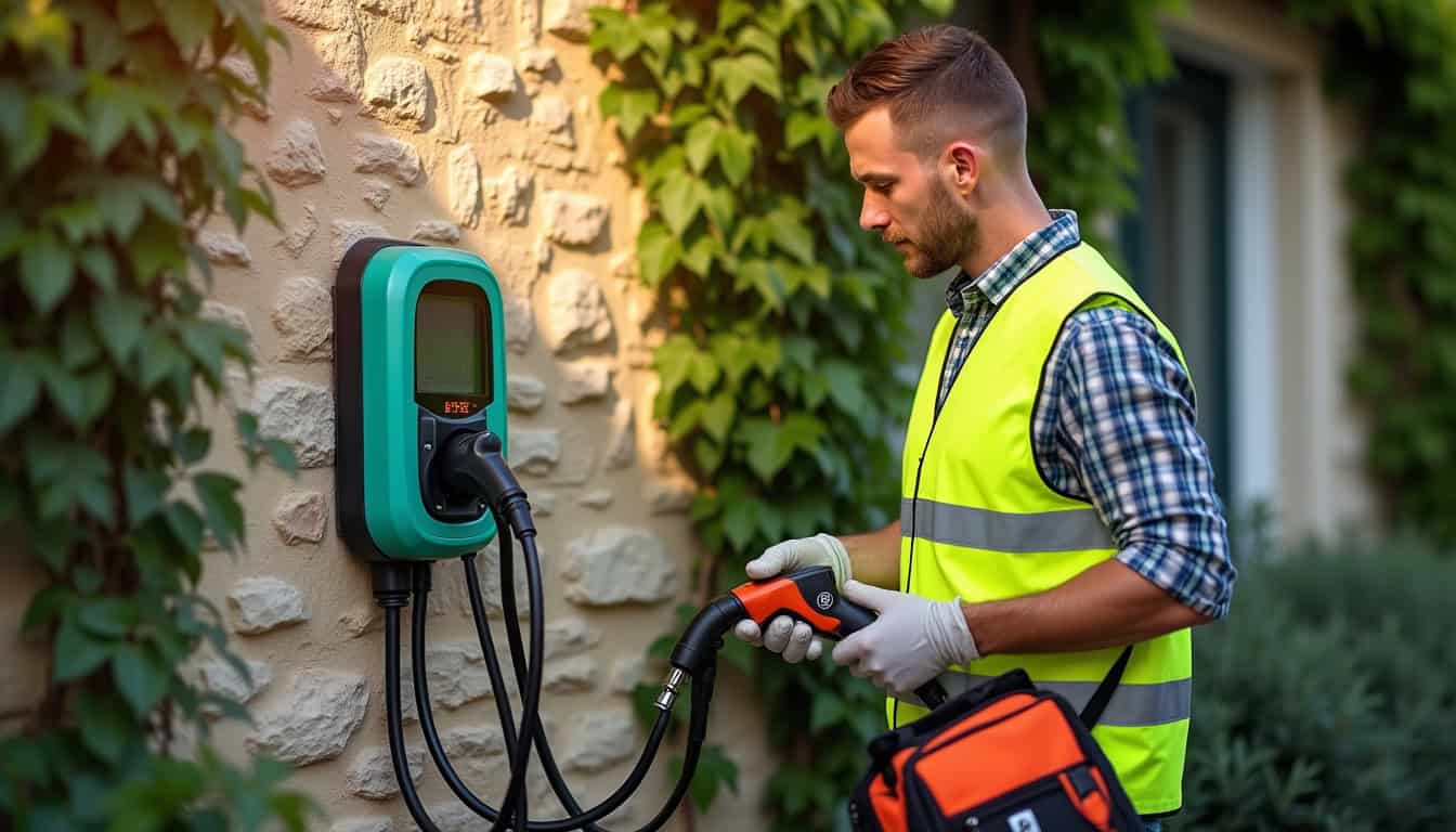 Technicien en train de vérifier une borne de recharge électrique à Falleron