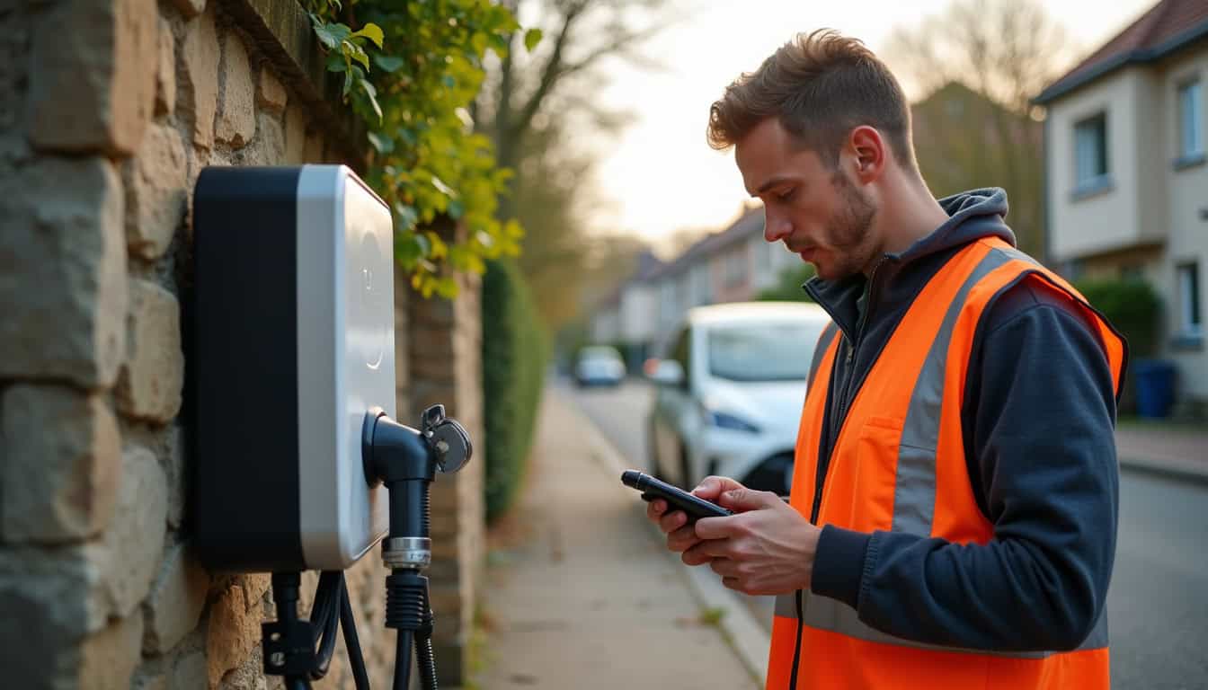Technicien en train de vérifier une borne de recharge électrique à Les Sorinières
