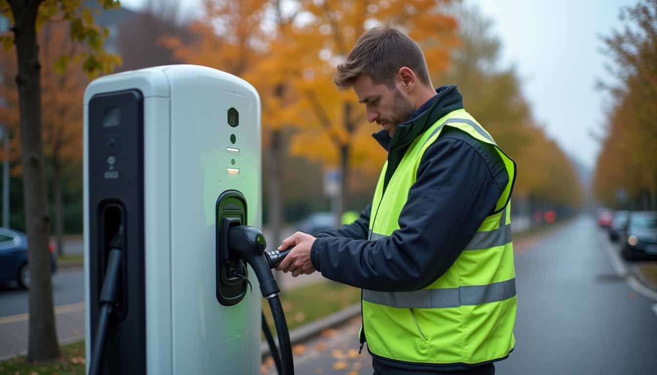 Technicien en train de vérifier une borne de recharge électrique à Mamers