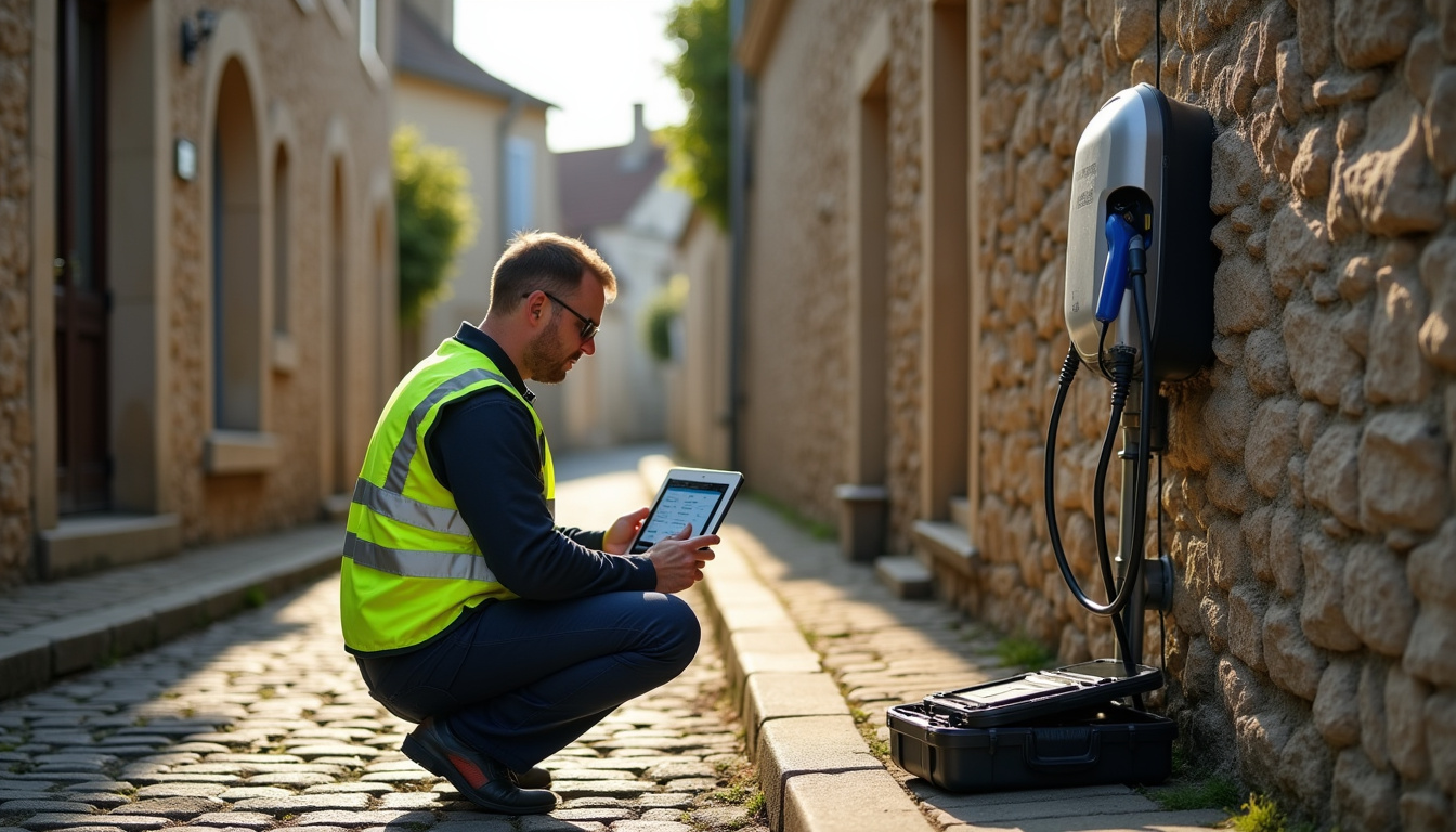 Technicien en train de vérifier une borne de recharge électrique à Moidieu-Détourbe