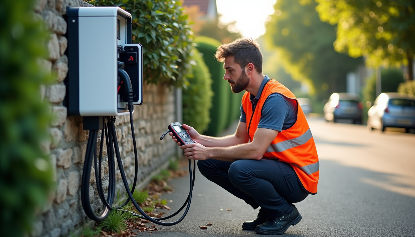 Technicien en train de vérifier une borne de recharge électrique à Montreuil-Juigné
