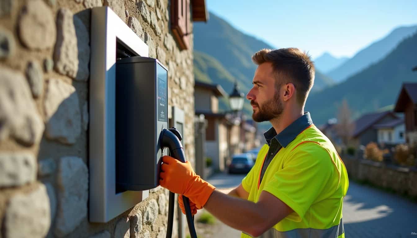 Technicien en train de vérifier une borne de recharge électrique à Neuvecelle