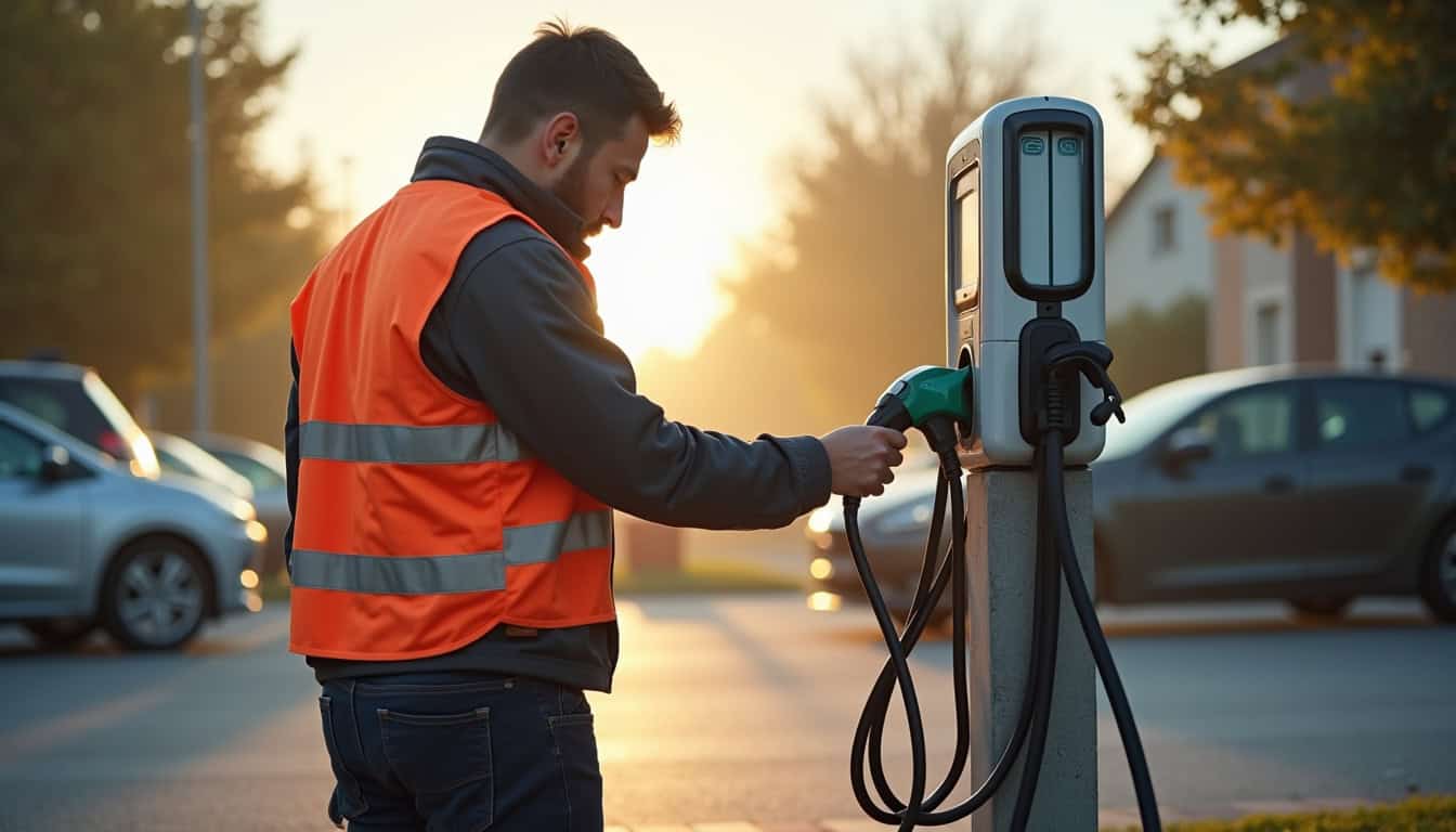 Technicien en train de vérifier une borne de recharge électrique à Pirey