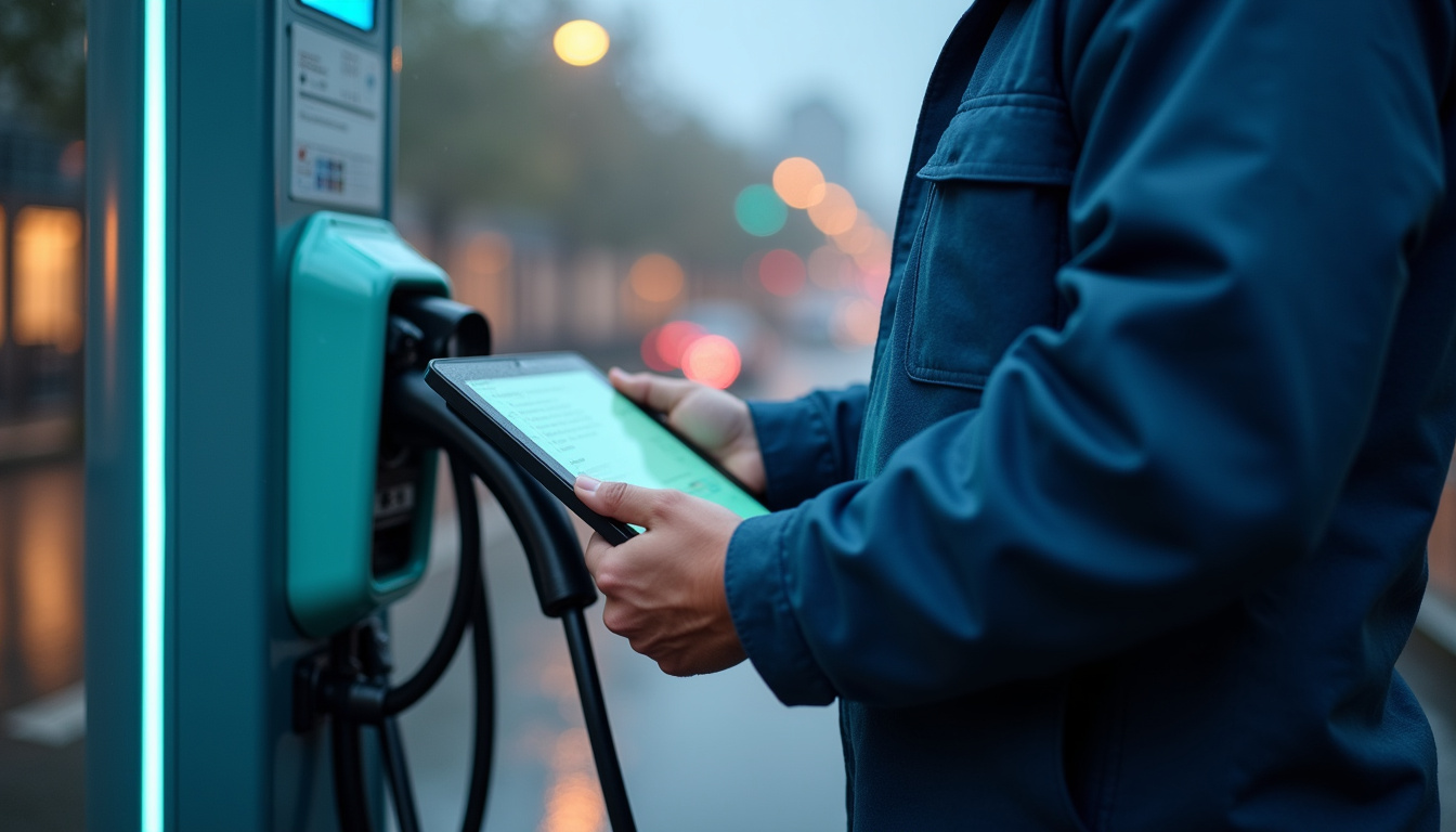 Technicien en train de vérifier une borne de recharge électrique à Réaumont