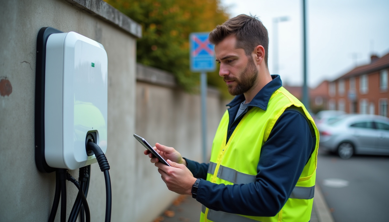 Technicien en train de vérifier une borne de recharge électrique à Roanne