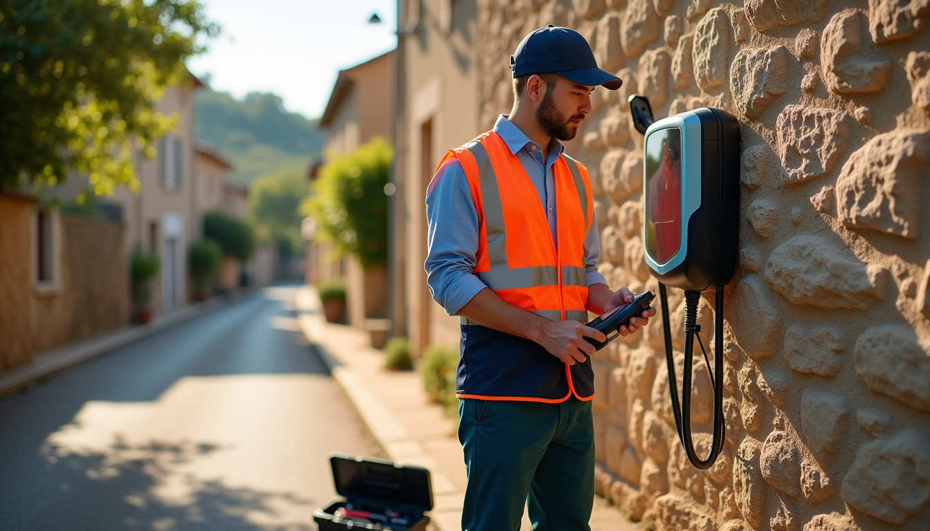 Technicien en train de vérifier une borne de recharge électrique à Saint-Paul-lès-Romans