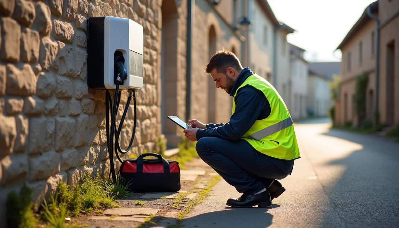 Technicien en train de vérifier une borne de recharge électrique à Treize-Vents