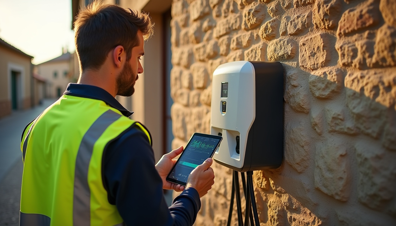 Technicien en train de vérifier une borne de recharge électrique à Villebrumier