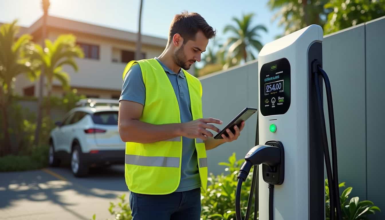 Technicien en train de vérifier une borne de recharge électrique connectée