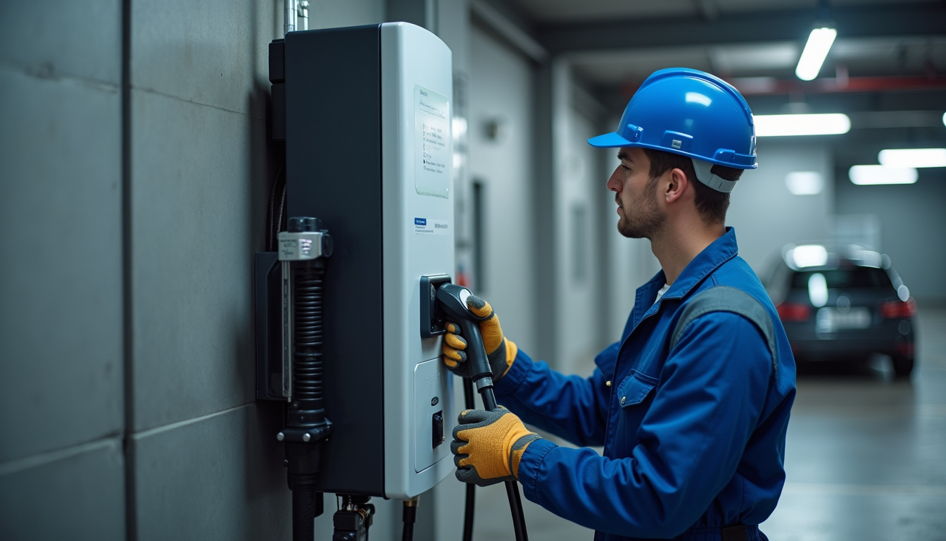 Technicien en train de vérifier une borne de recharge électrique dans un garage à Guyancourt