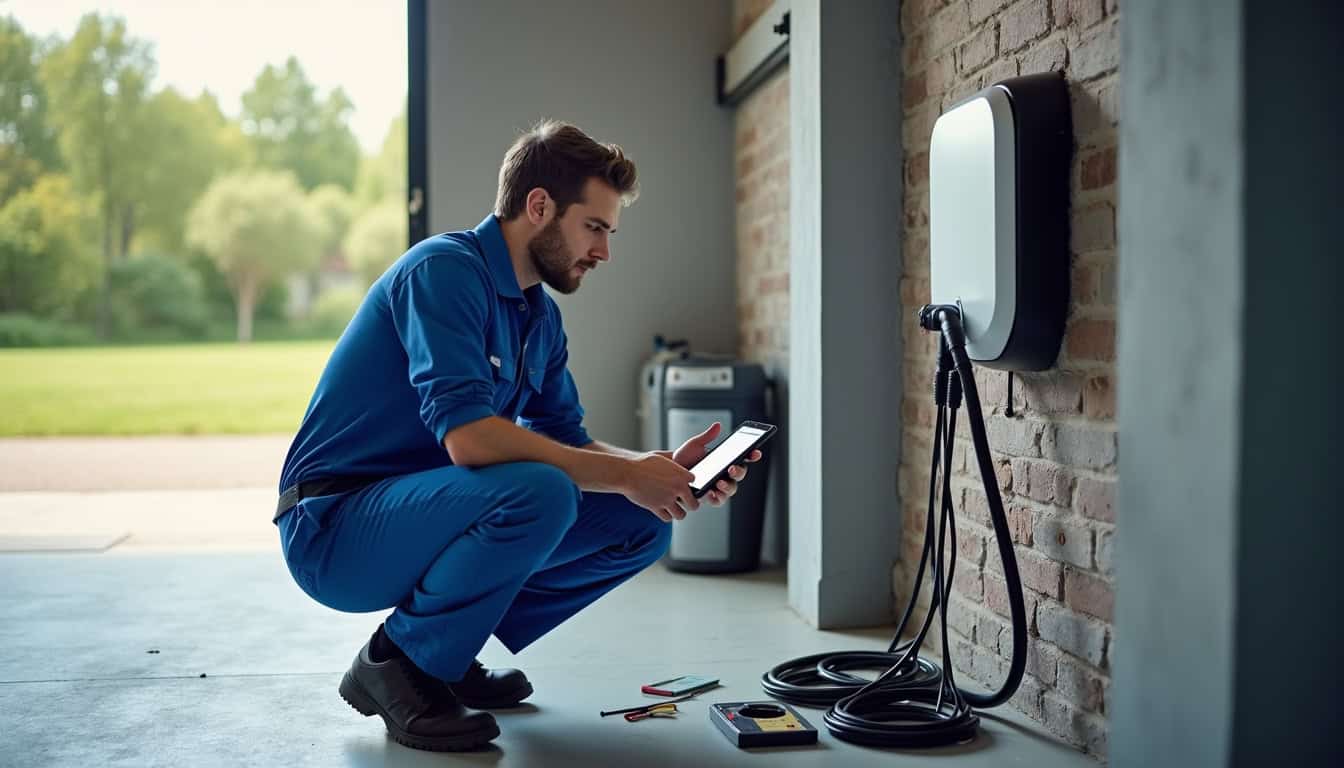 Technicien en train de vérifier une borne de recharge électrique dans un garage en Vendée