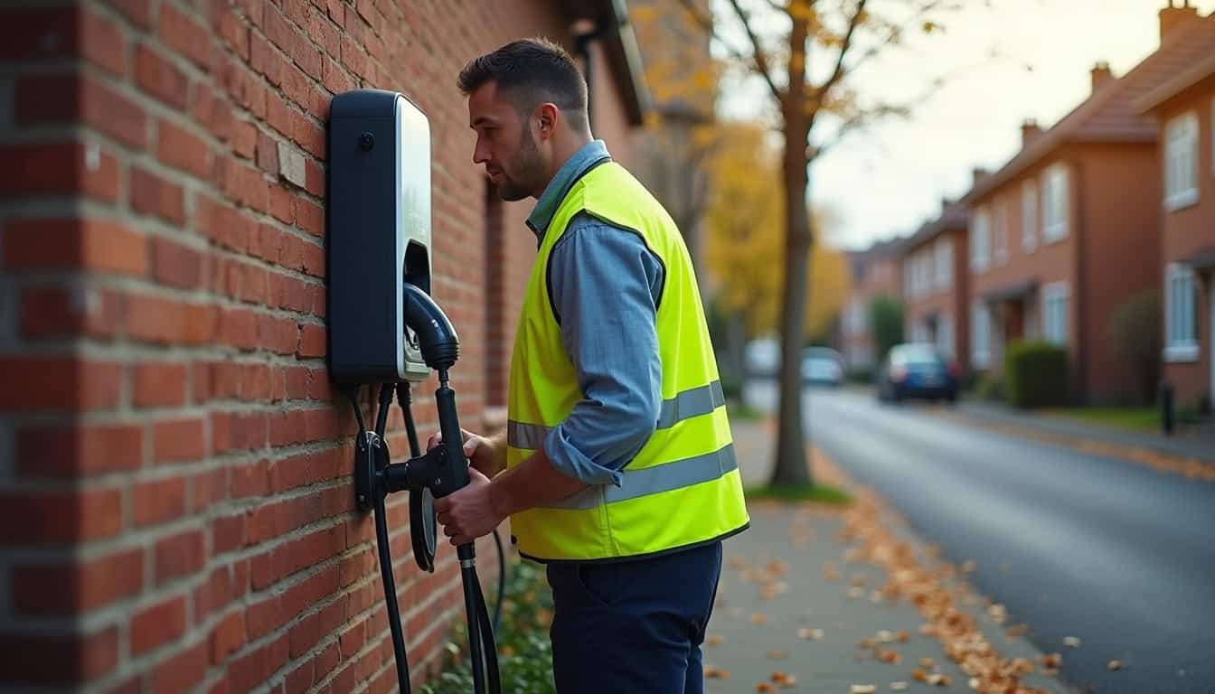 Technicien en train de vérifier une borne de recharge électrique dans une zone résidentielle