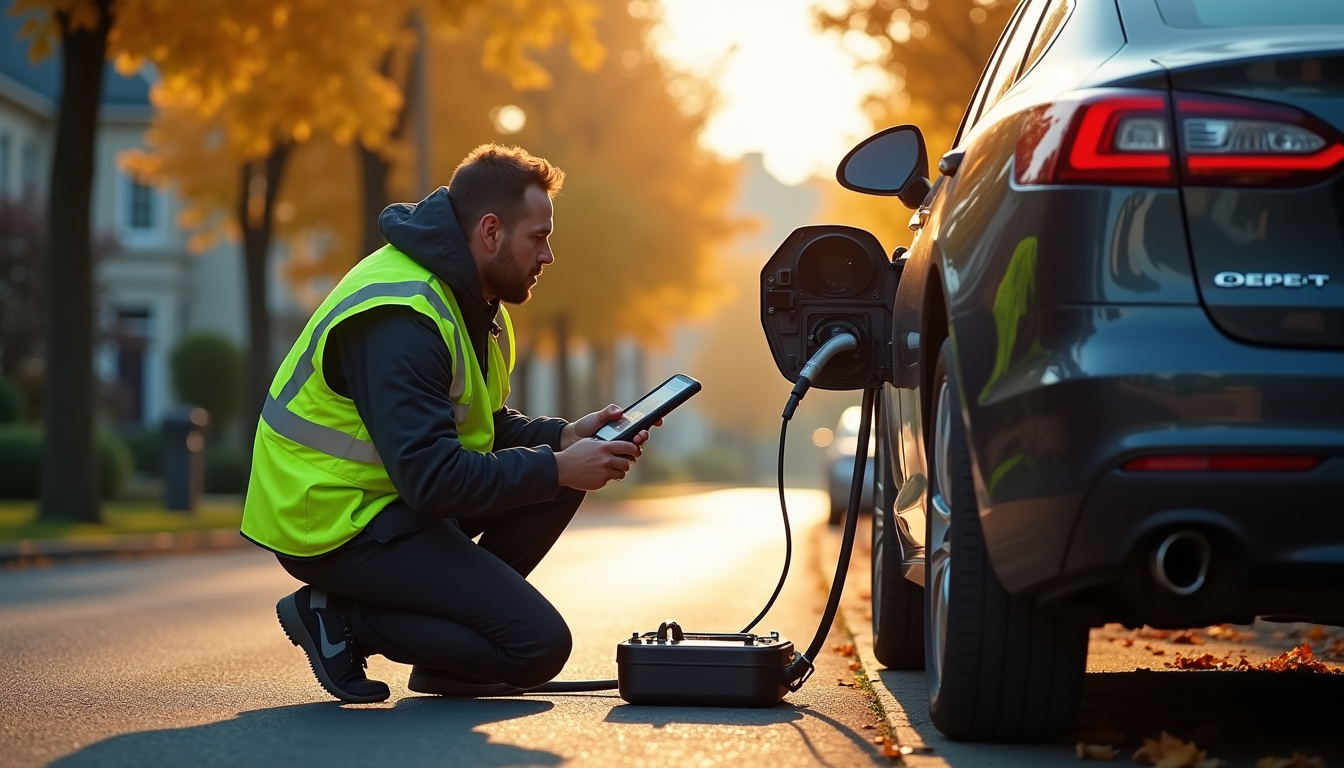 Technicien en train de vérifier une borne de recharge électrique en extérieur, avec outils de diagnostic