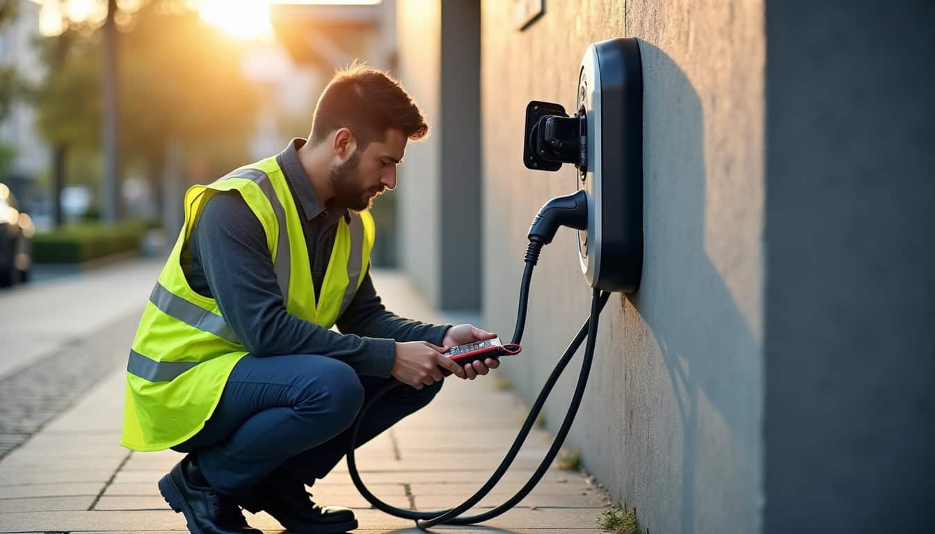 Technicien en train de vérifier une borne de recharge électrique en extérieur