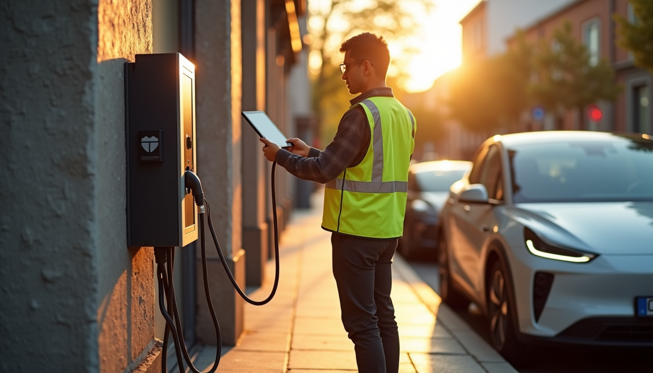 Technicien en train de vérifier une borne de recharge électrique en extérieur