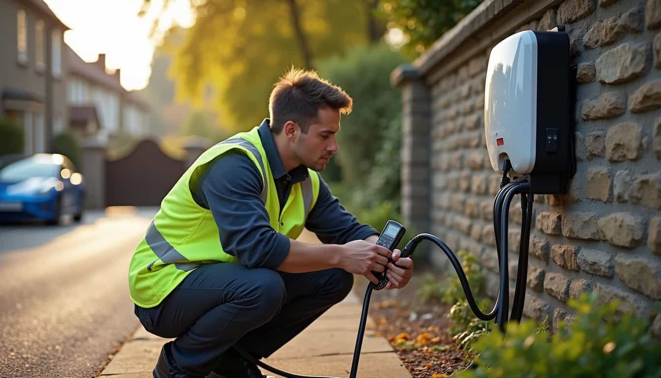 Technicien en train de vérifier une borne de recharge électrique en service