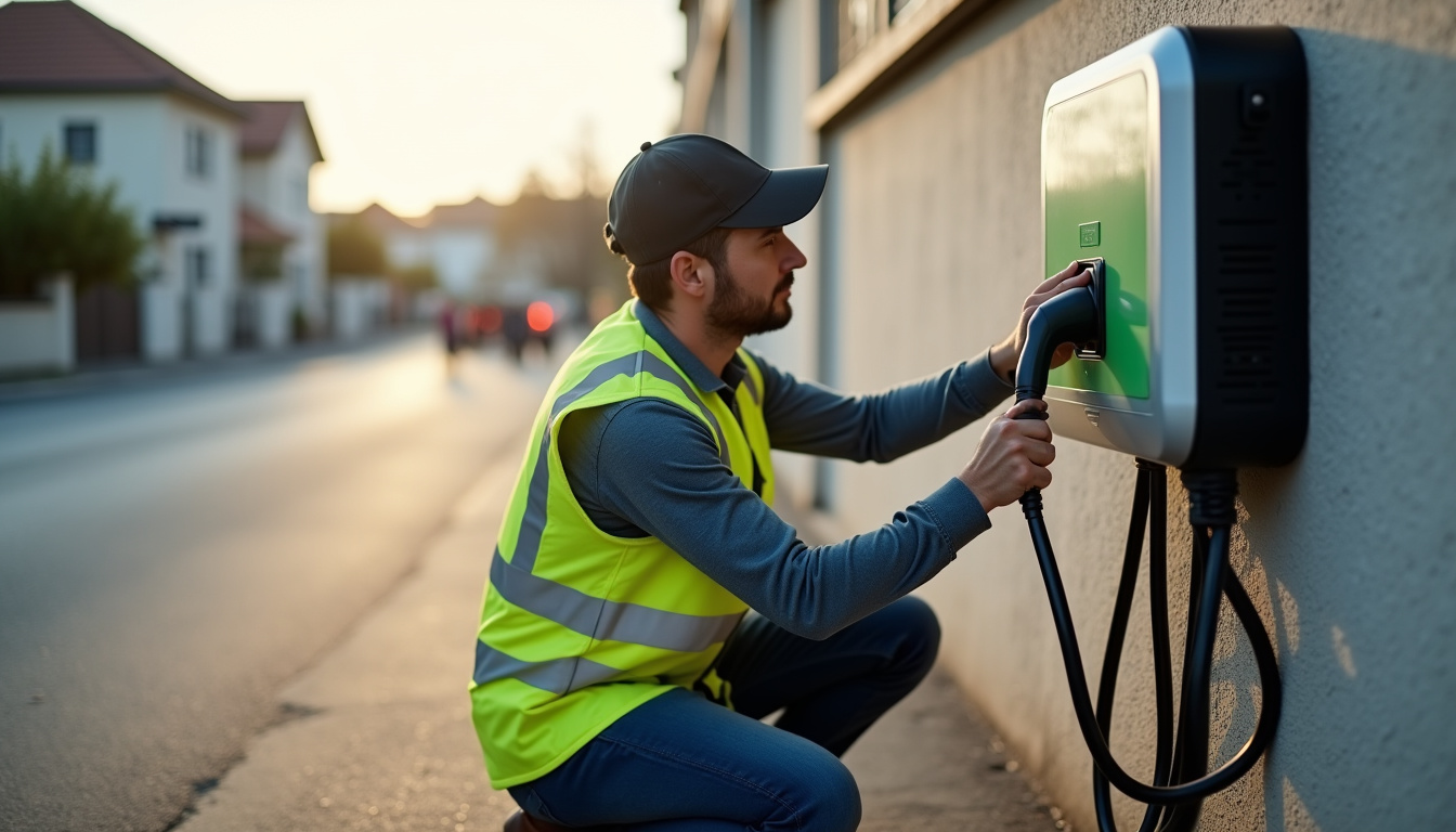 Technicien en train de vérifier une borne de recharge électrique installée en extérieur