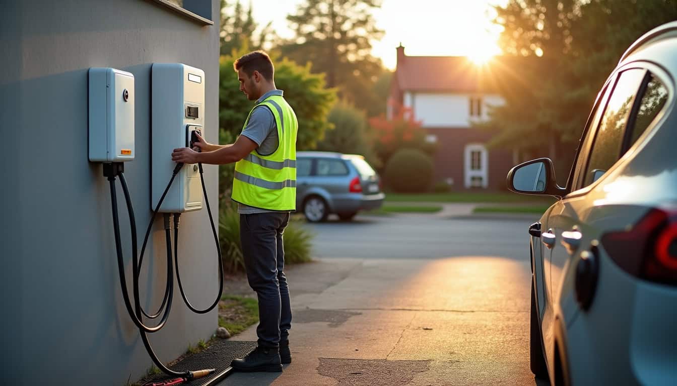 Technicien en train de vérifier une borne de recharge électrique lors d'une installation à domicile