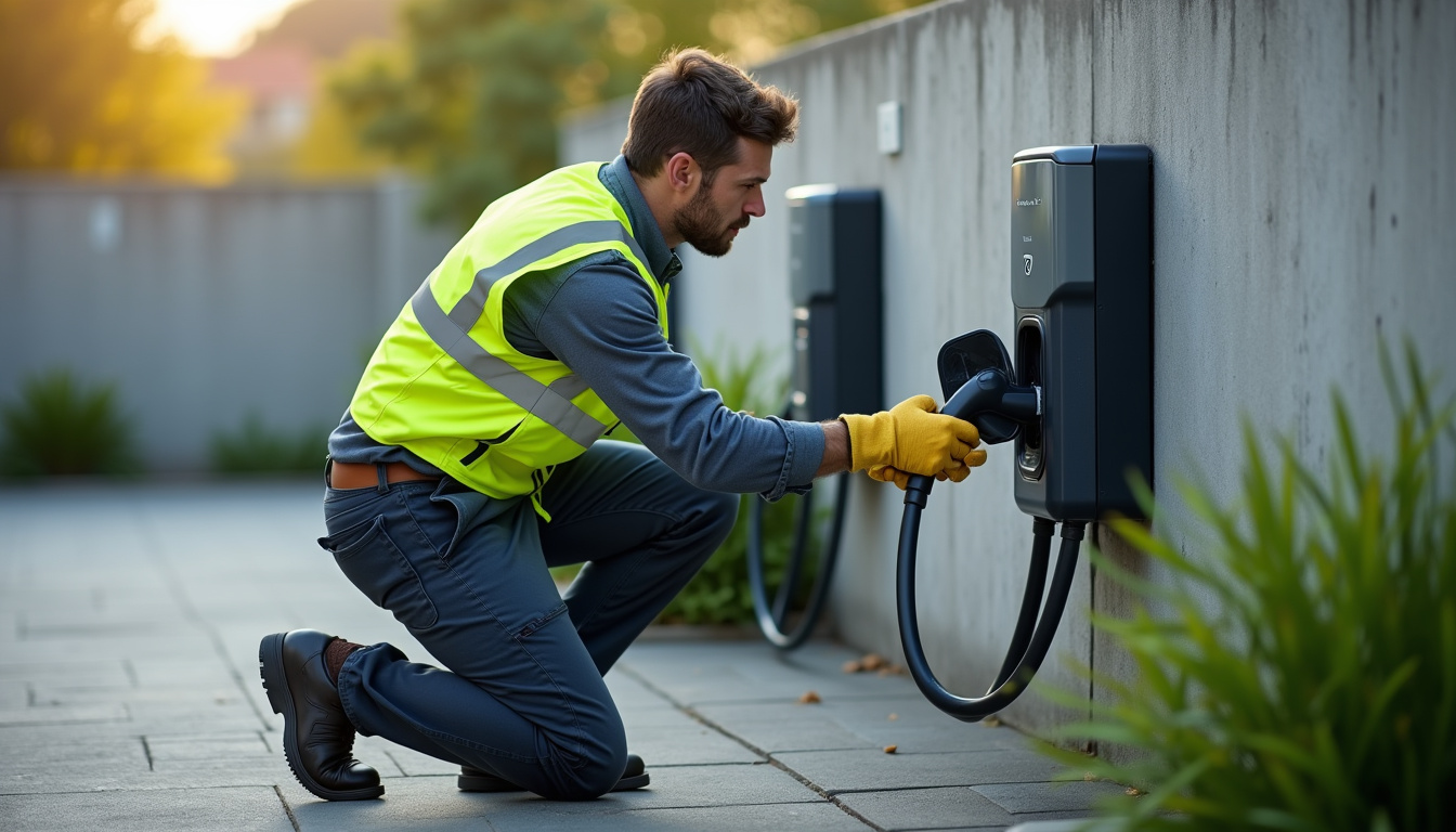 Technicien en train de vérifier une borne de recharge électrique lors d'une intervention de maintenance
