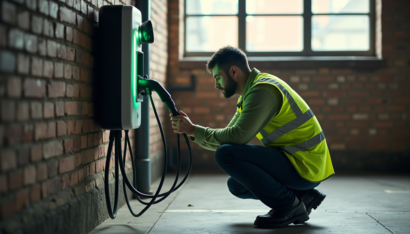 Technicien en train de vérifier une borne de recharge électrique lors d'une maintenance