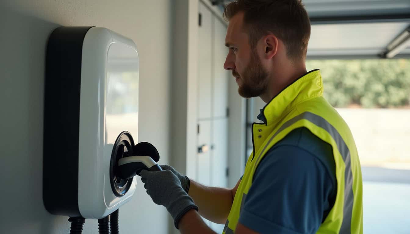 Technicien en train de vérifier une borne de recharge électrique murale