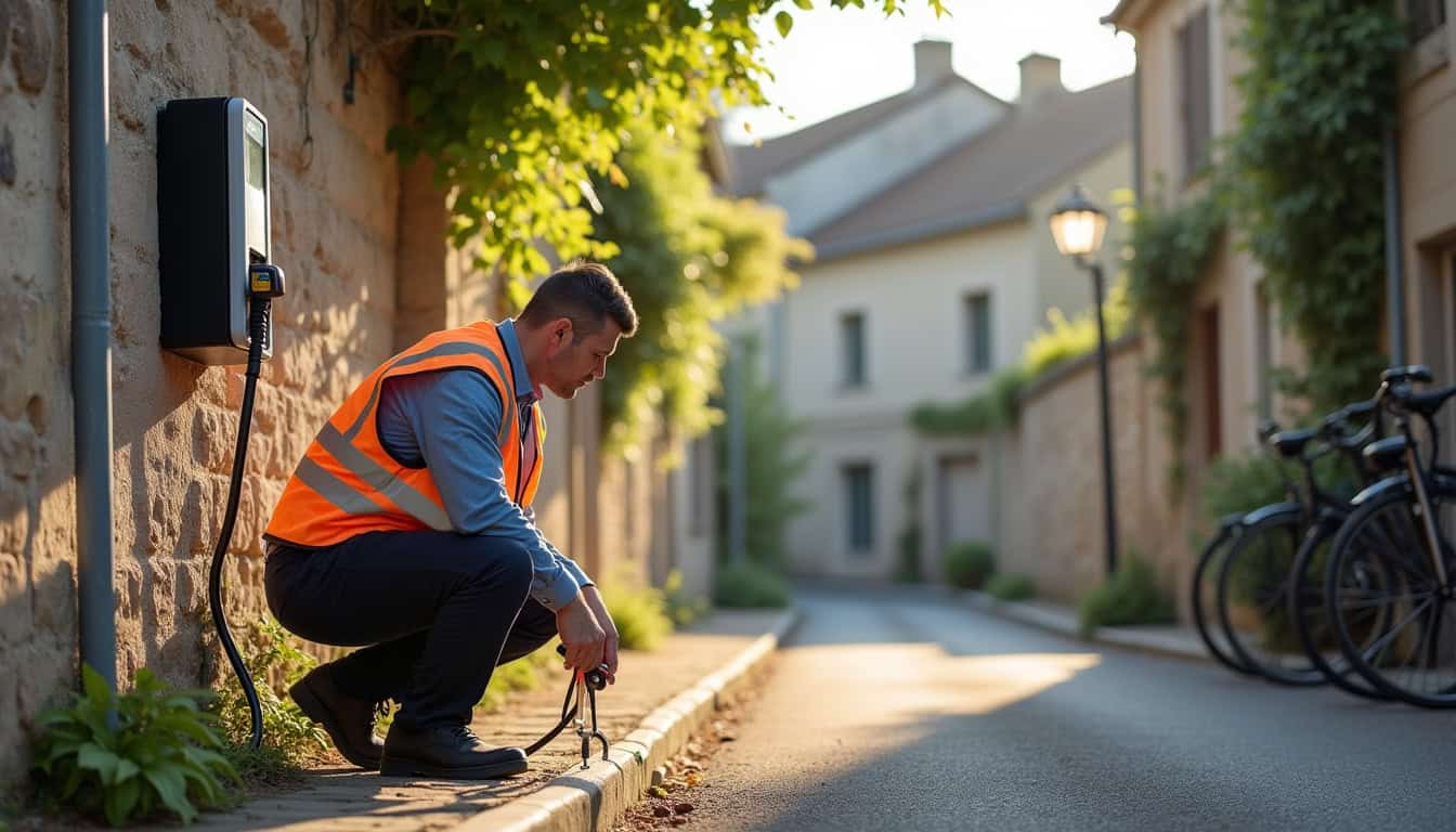 Technicien en train de vérifier une borne de recharge électrique