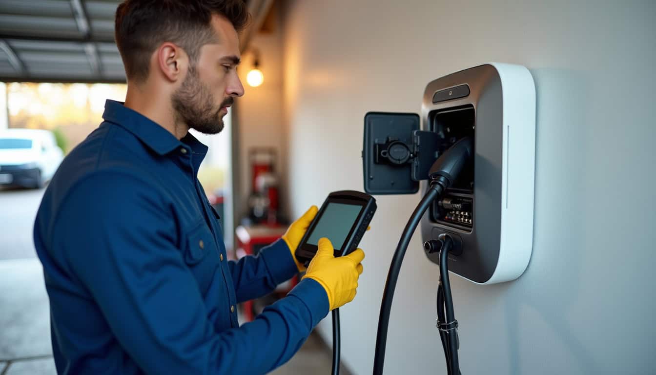 Technicien en train de vérifier une borne de recharge électrique