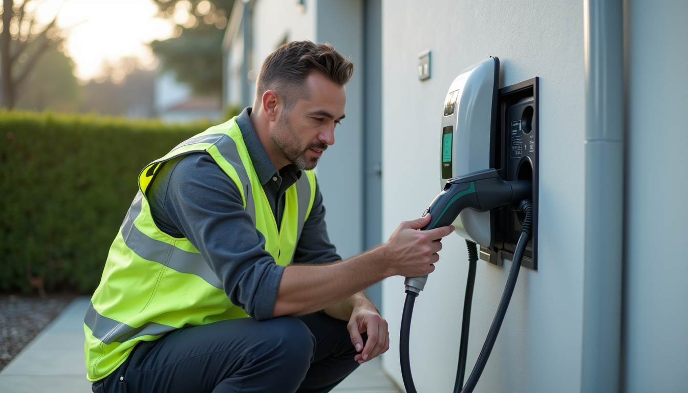 Technicien en train de vérifier une borne de recharge électrique