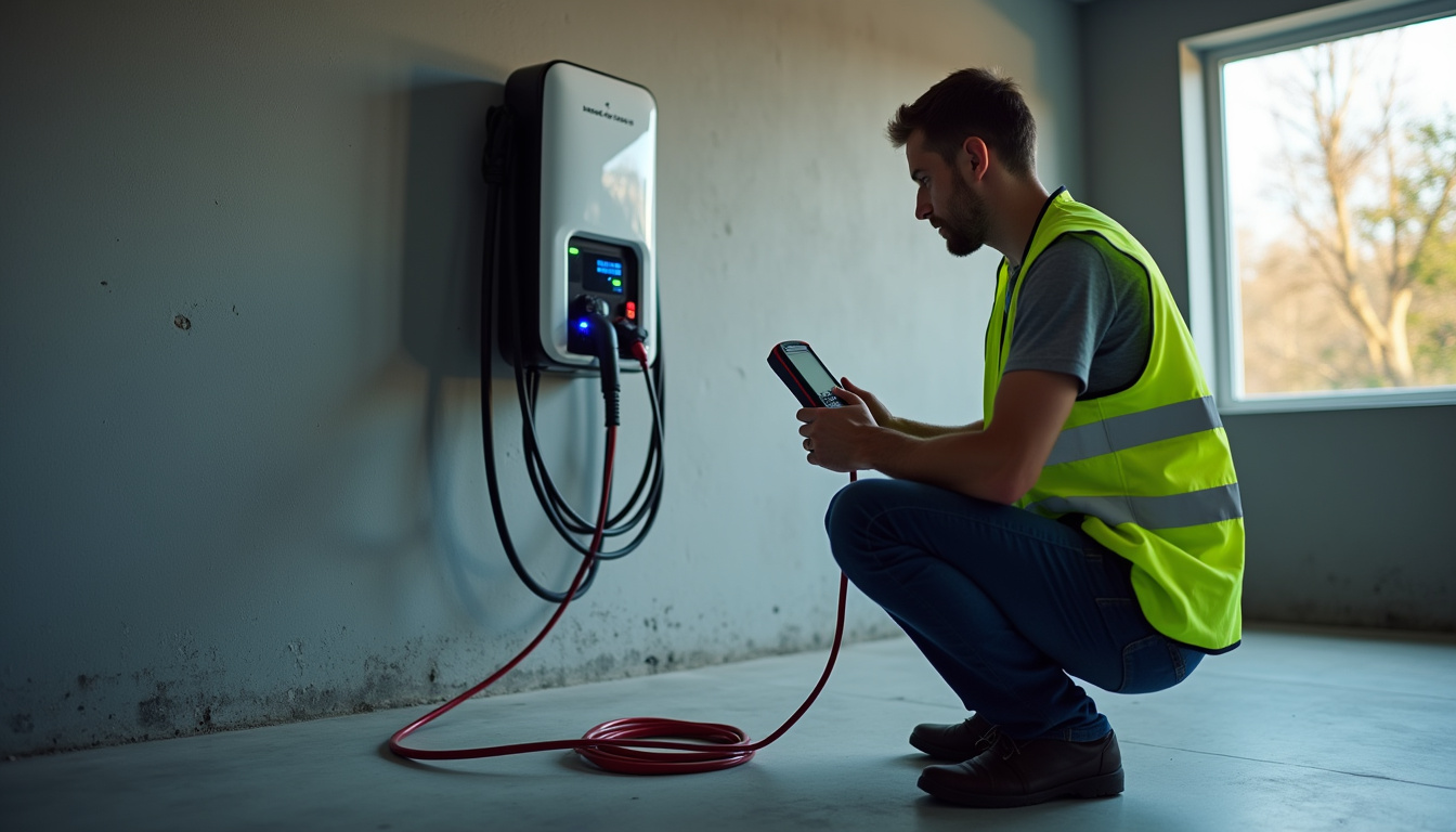 Technicien en train de vérifier une borne de recharge électrique
