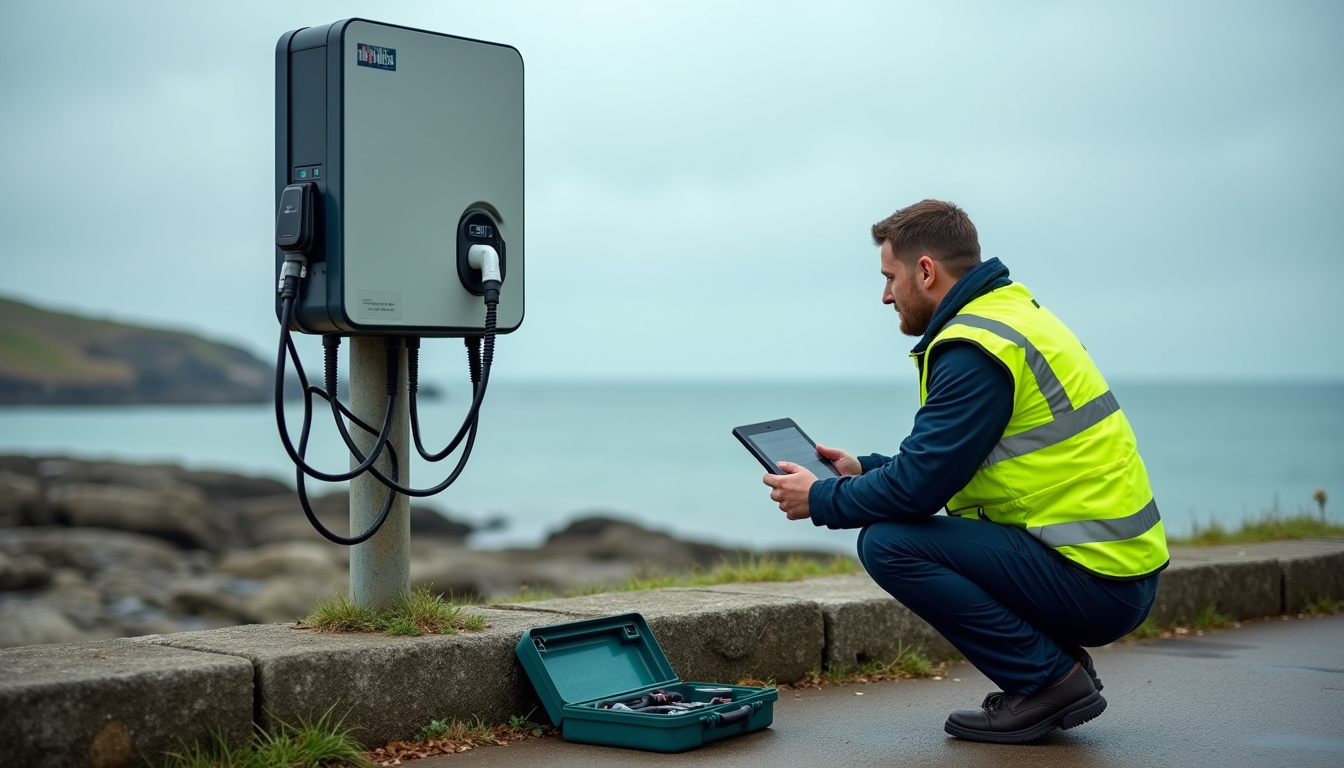 Technicien en train de vérifier une borne de recharge en Bretagne