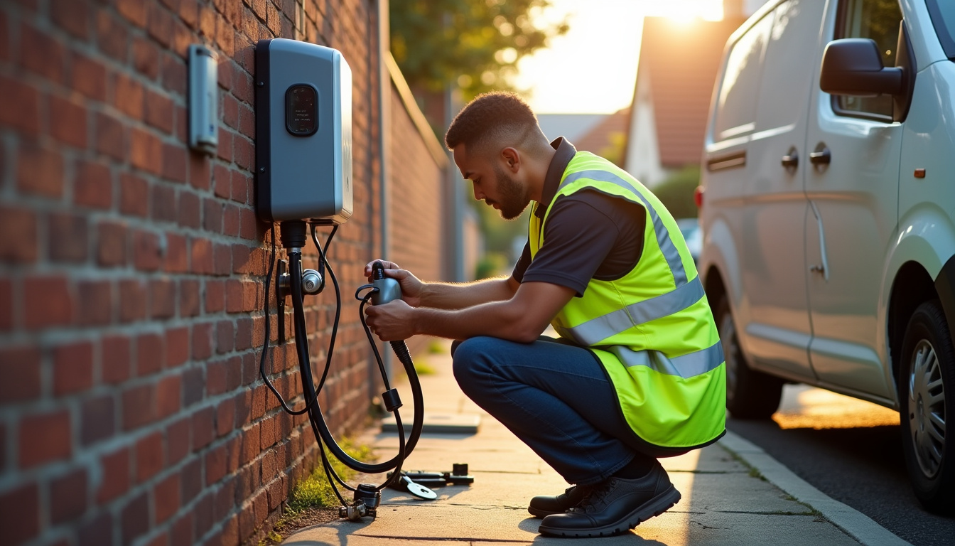 Technicien en train de vérifier une borne de recharge en extérieur
