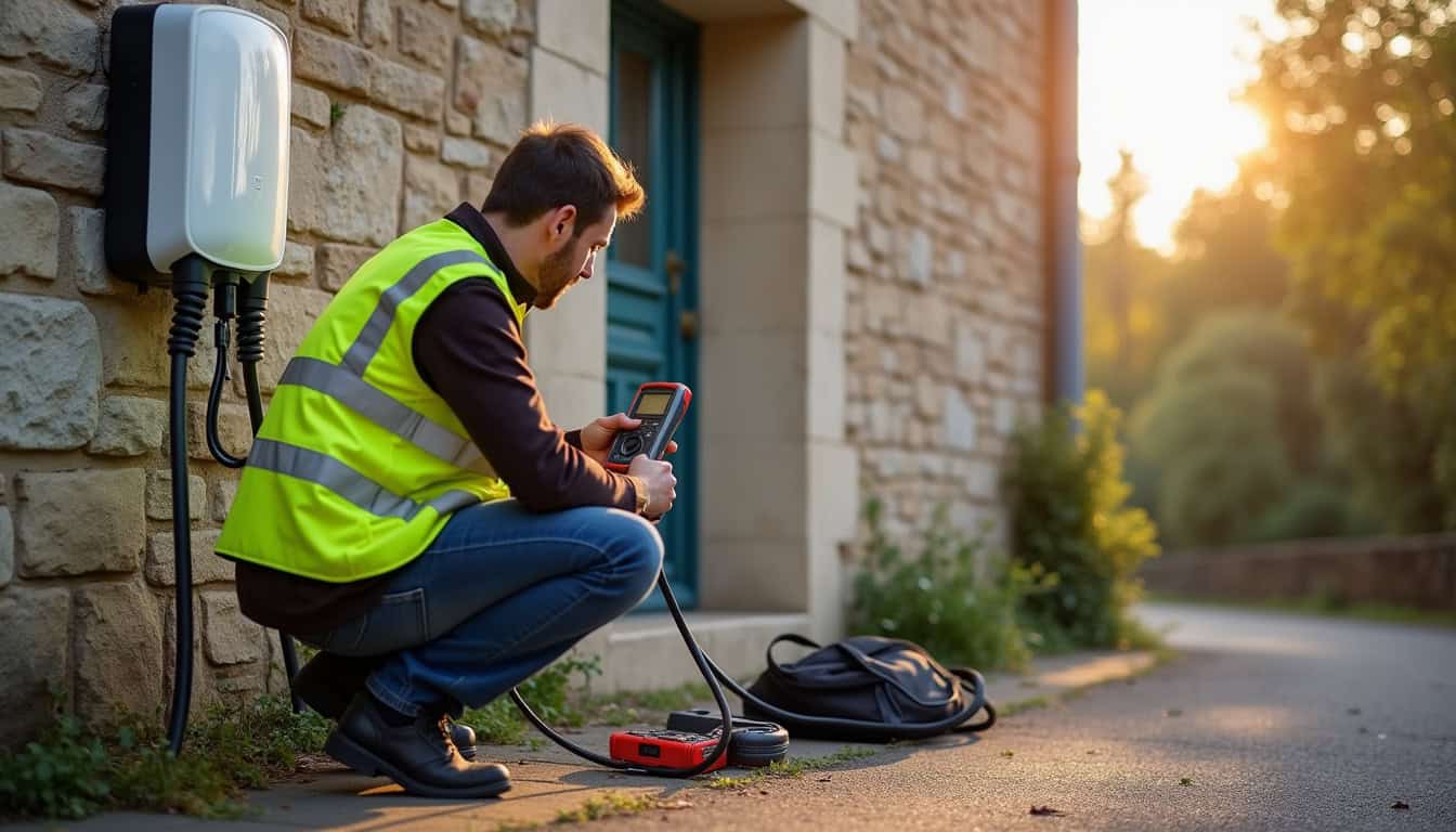 Technicien en train de vérifier une borne de recharge installée en extérieur