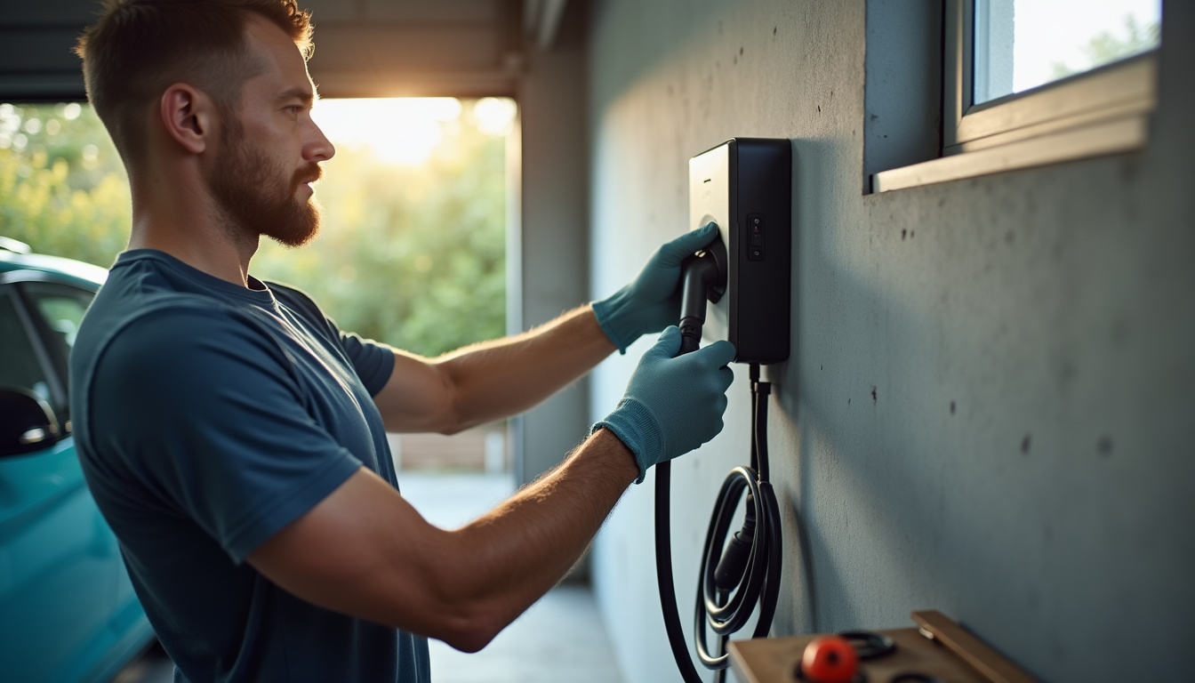 Technicien en train de vérifier une borne de recharge murale dans un garage privé à Belley
