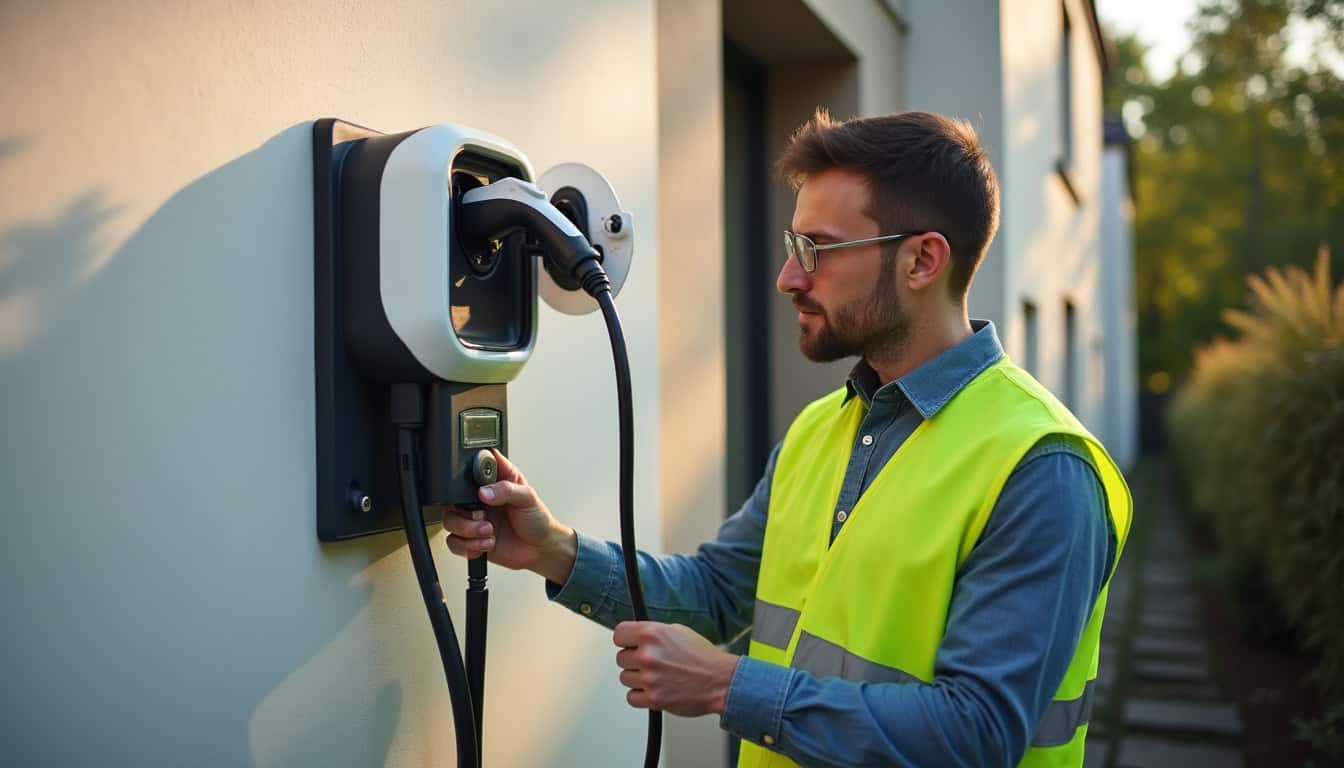 Technicien en train de vérifier une borne de recharge murale