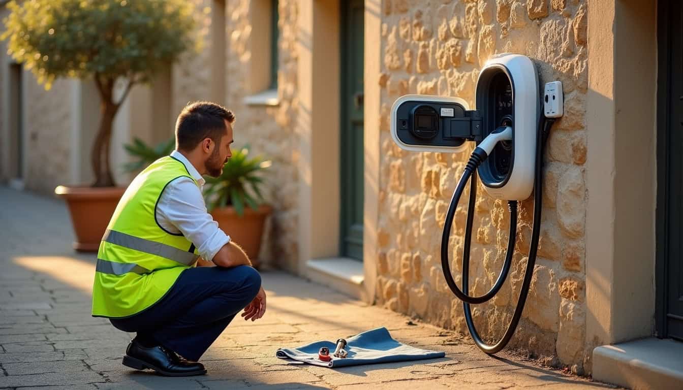 Technicien en train d'effectuer un entretien de maintenance sur une borne de recharge électrique à Prades