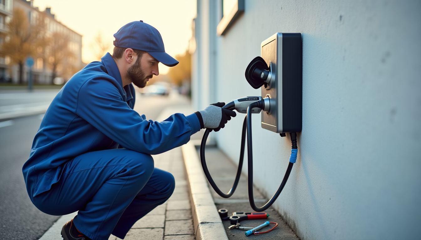 Technicien en train d'effectuer un entretien sur une borne de recharge à Montélimar