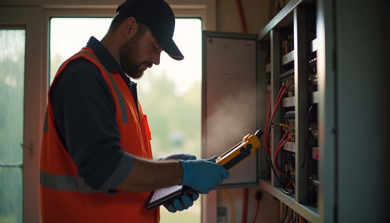 Technicien en train d'évaluer l'installation électrique d'une maison à Saint-Witz pour l'installation d'une borne de recharge