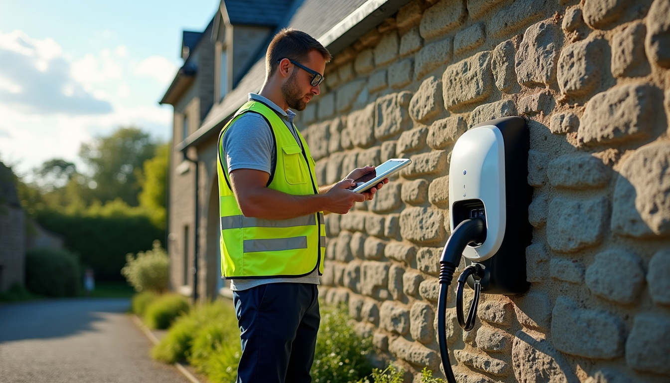 Technicien en train d'inspecter une borne de recharge électrique à Sainte-Anne-sur-Brivet