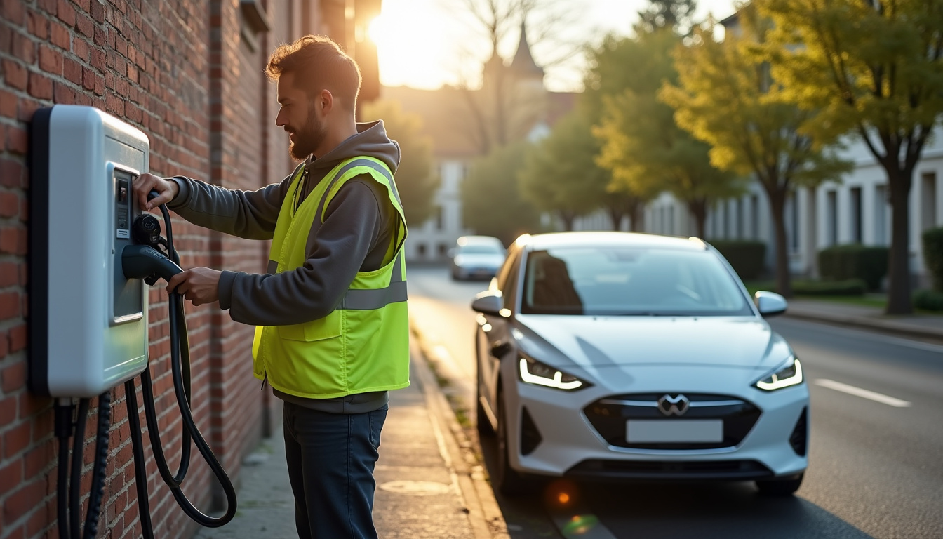 Technicien en train d’installer une borne de recharge à Argenteuil