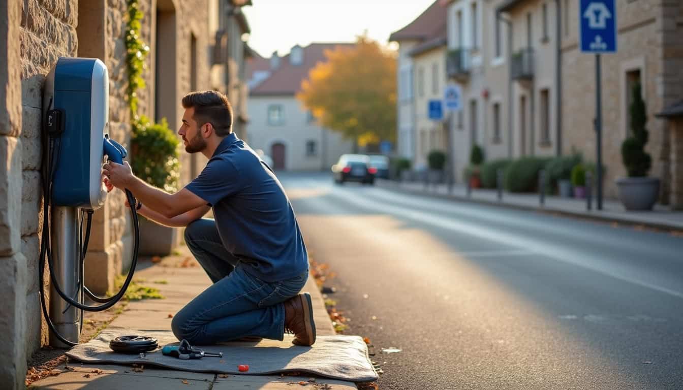 Technicien en train d'installer une borne de recharge à Arnay-le-Duc