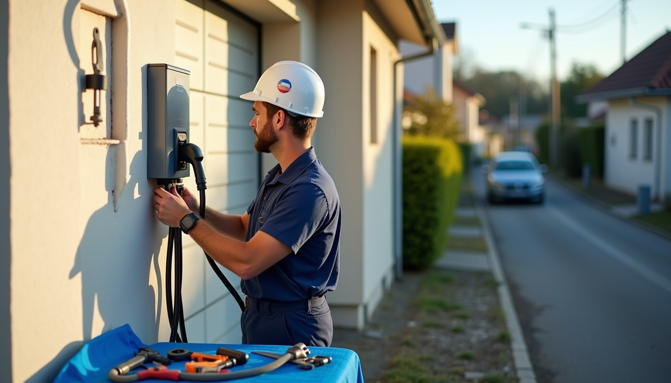 Technicien en train d’installer une borne de recharge à Beychac-et-Caillau