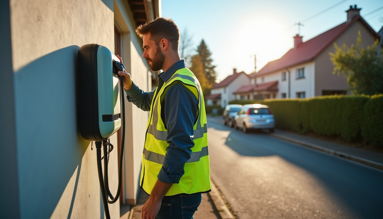 Technicien en train d'installer une borne de recharge à Blendecques