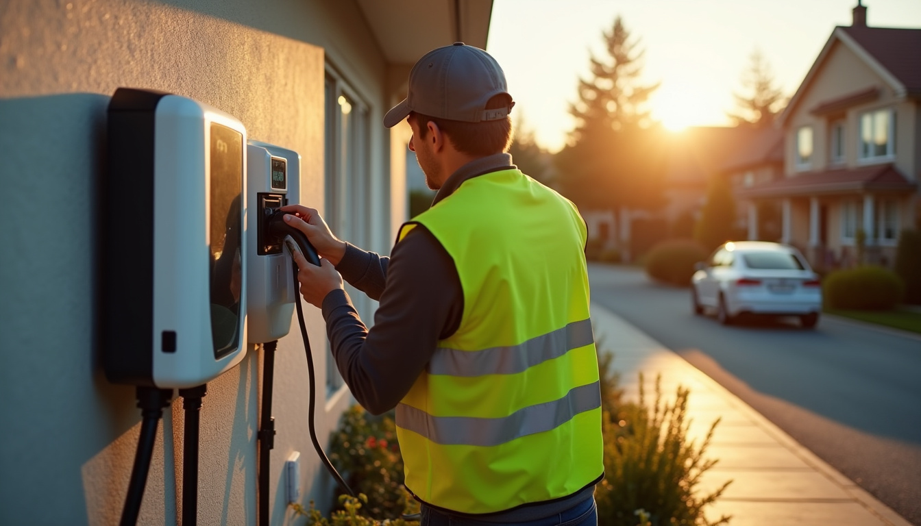 Technicien en train d'installer une borne de recharge à Candas