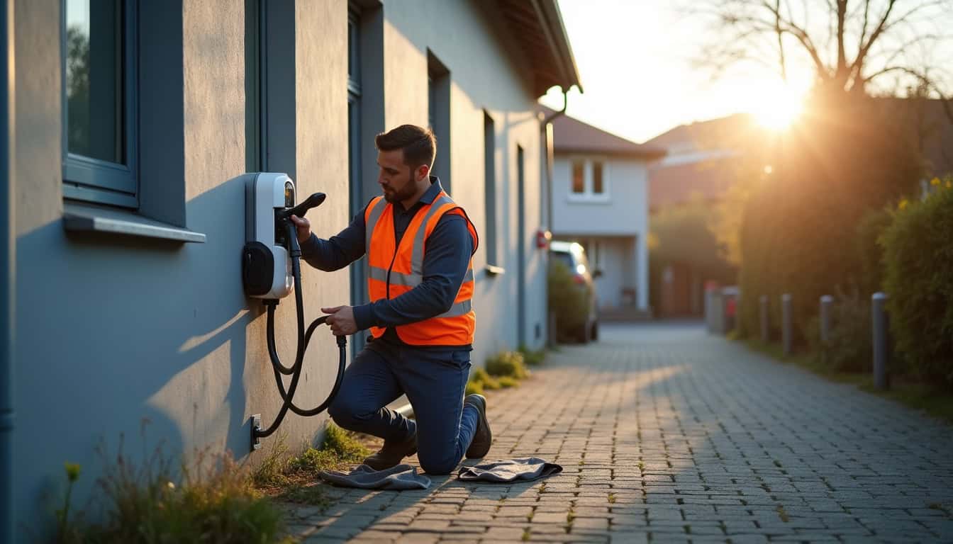 Technicien en train d'installer une borne de recharge à Châtellerault