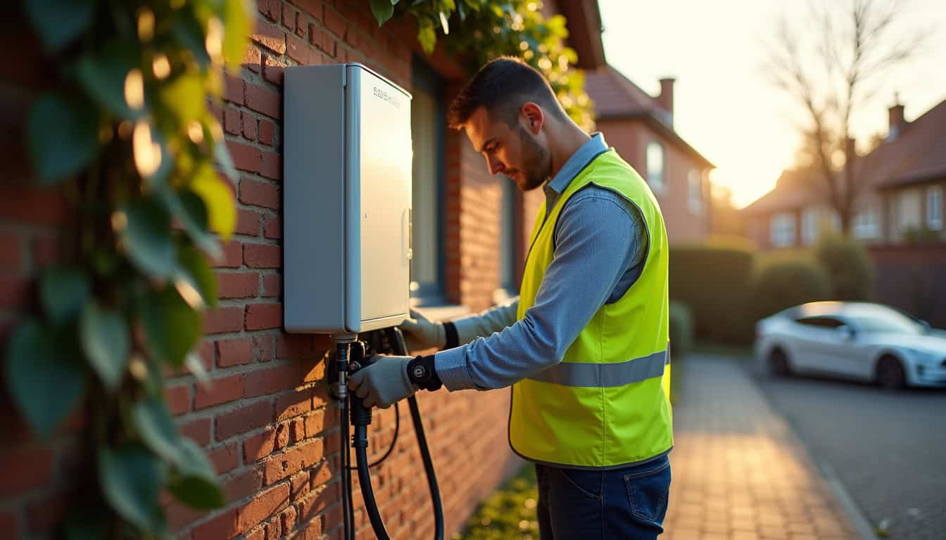 Technicien en train d'installer une borne de recharge à Crécy-en-Ponthieu