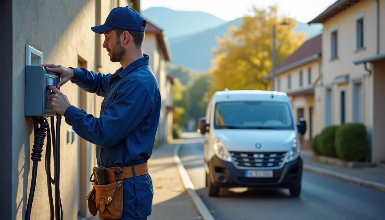 Technicien en train d’installer une borne de recharge à Flourens