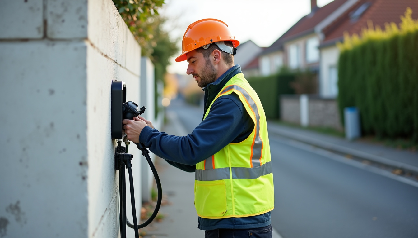 Technicien en train d'installer une borne de recharge à Gillonnay