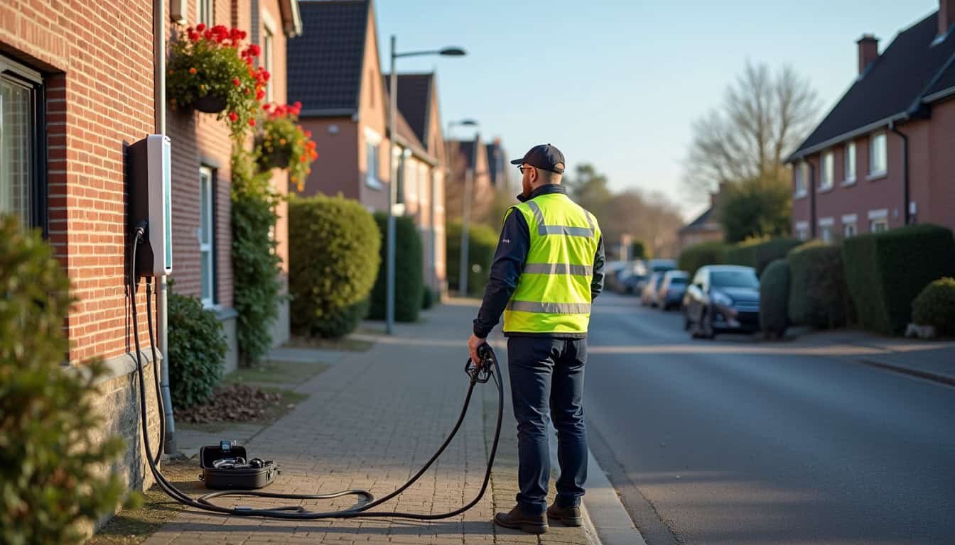 Technicien en train d'installer une borne de recharge à Godewaersvelde